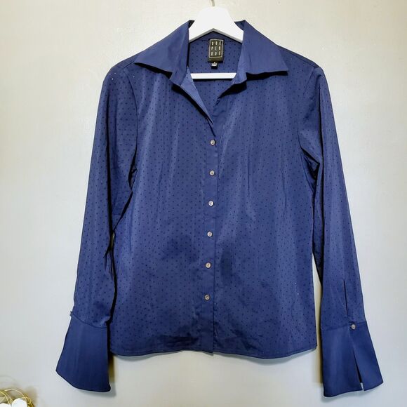 Due Per Due Shirt Women's Size 6 Navy Blue Long Sleeve Button Up Dot Business - Picture 1 of 8